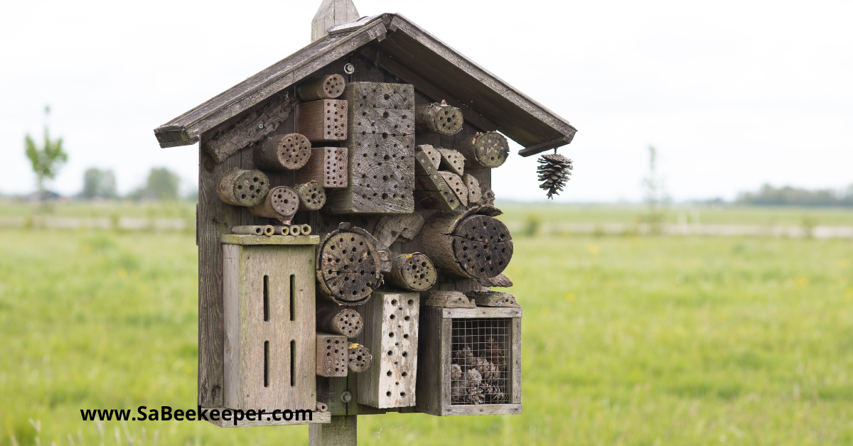 Another bee hotel made out of older wood and placed on a stand in a field